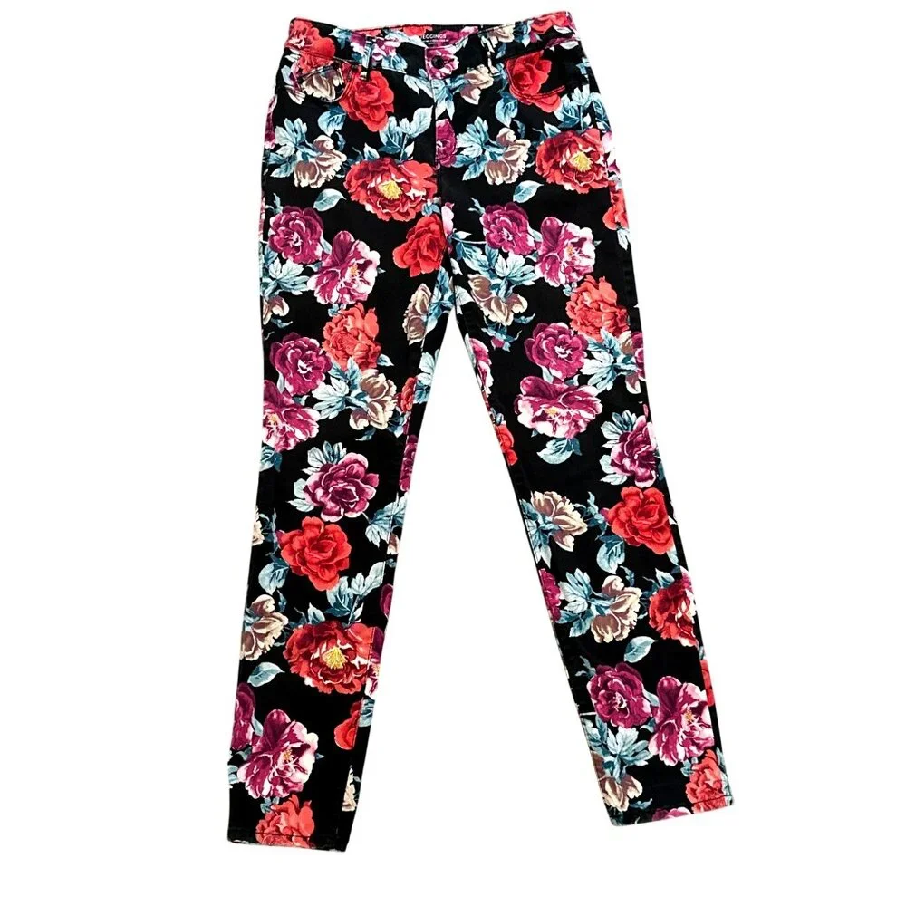 Chicos Floral Skinny Jeggings Pants Ankle Black Red Vibrant Roses Stretch Size 4 - Picture 11 of 13